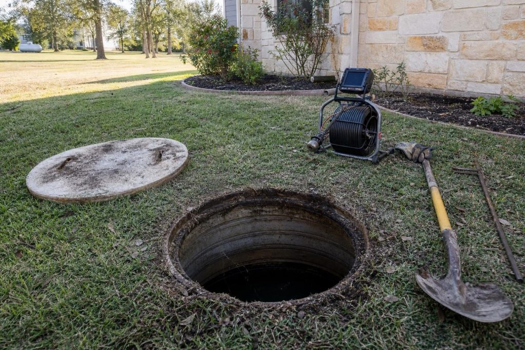 Open septic tank access in a residential yard prepared for repair work in Alvarado Texas