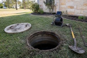 Open septic tank access in a residential yard prepared for repair work in Alvarado Texas